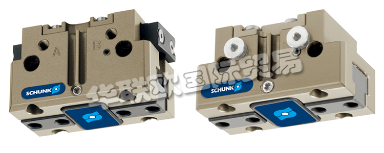 SCHUNK機(jī)械爪手JGP64-1帶雙平動機(jī)械手的旋轉(zhuǎn)頭，可在機(jī)器內(nèi)同時裝載和卸載工件。在壓縮空氣的作用下，橢圓形活塞上下移動。楔式結(jié)構(gòu)的有角度活動表面使基爪能夠同步平動。